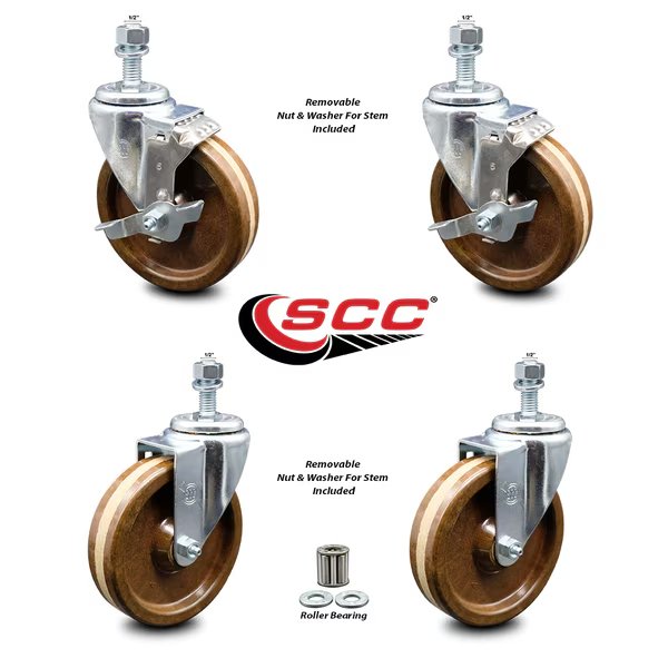 5 Inch High Temp Phenolic Wheel Swivel ½ Inch Threaded Stem Caster Brakes, 2PK, Service Caster, Mfr#: SCC-TS20S514-PHRHT-121315-2-TLB-2